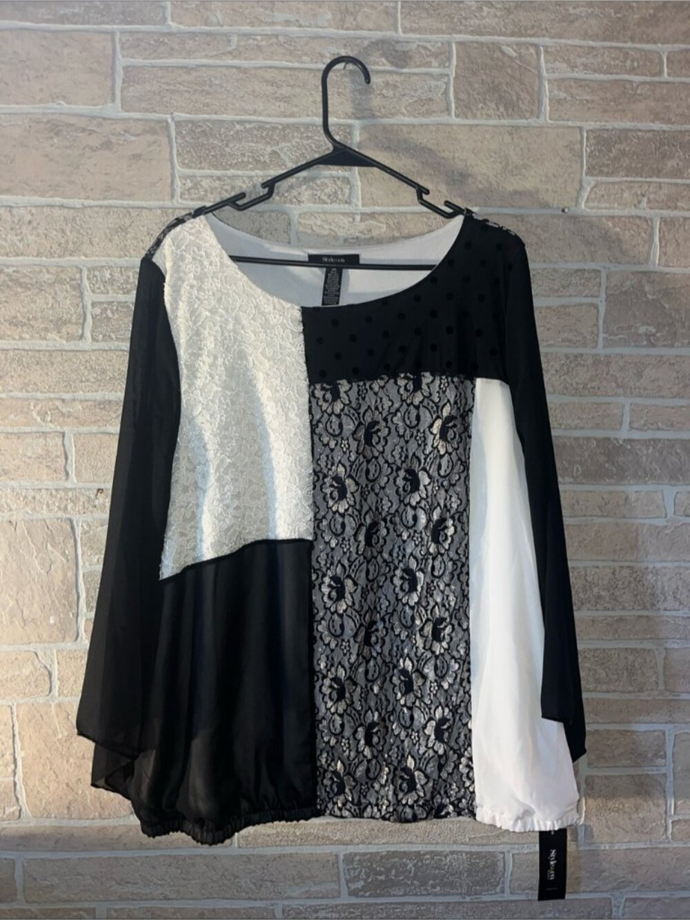 Style & Co. Black and White Mixed-Lace Long Sleeve Blouse